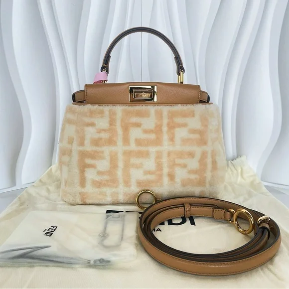 Fendi Peekaboo Shearling FF Motif Top Handle Bag - Picture 1 of 12